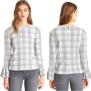 Karl Lagerfeld Plaid Pearls Embellished Bell Sleeve Top Sweater Size Large